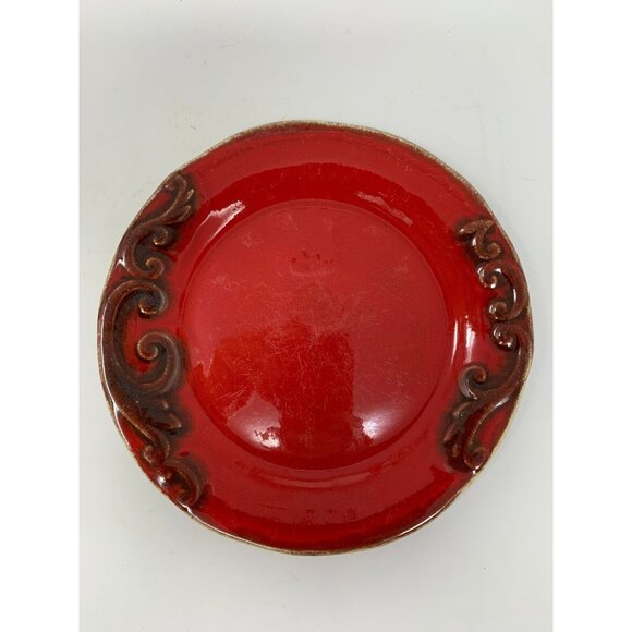 PIER 1 IMPORTS VANIA Salad Plates ~ Set of 5 ~ Brown Scrolls on Red ~ Italy - Picture 11 of 13